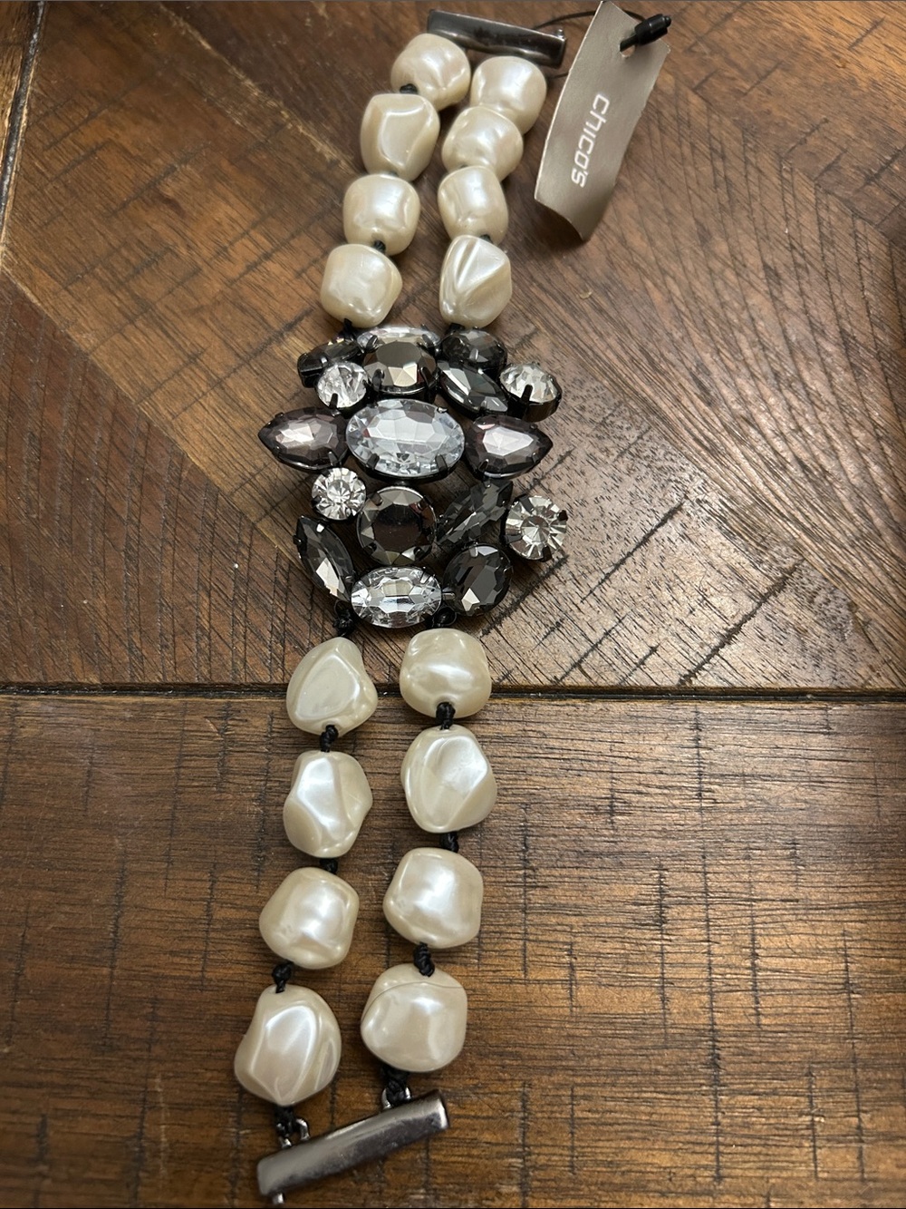Chico's Ivory Pearl Bracelet with Gunmetal and Clear Crystal Cluster